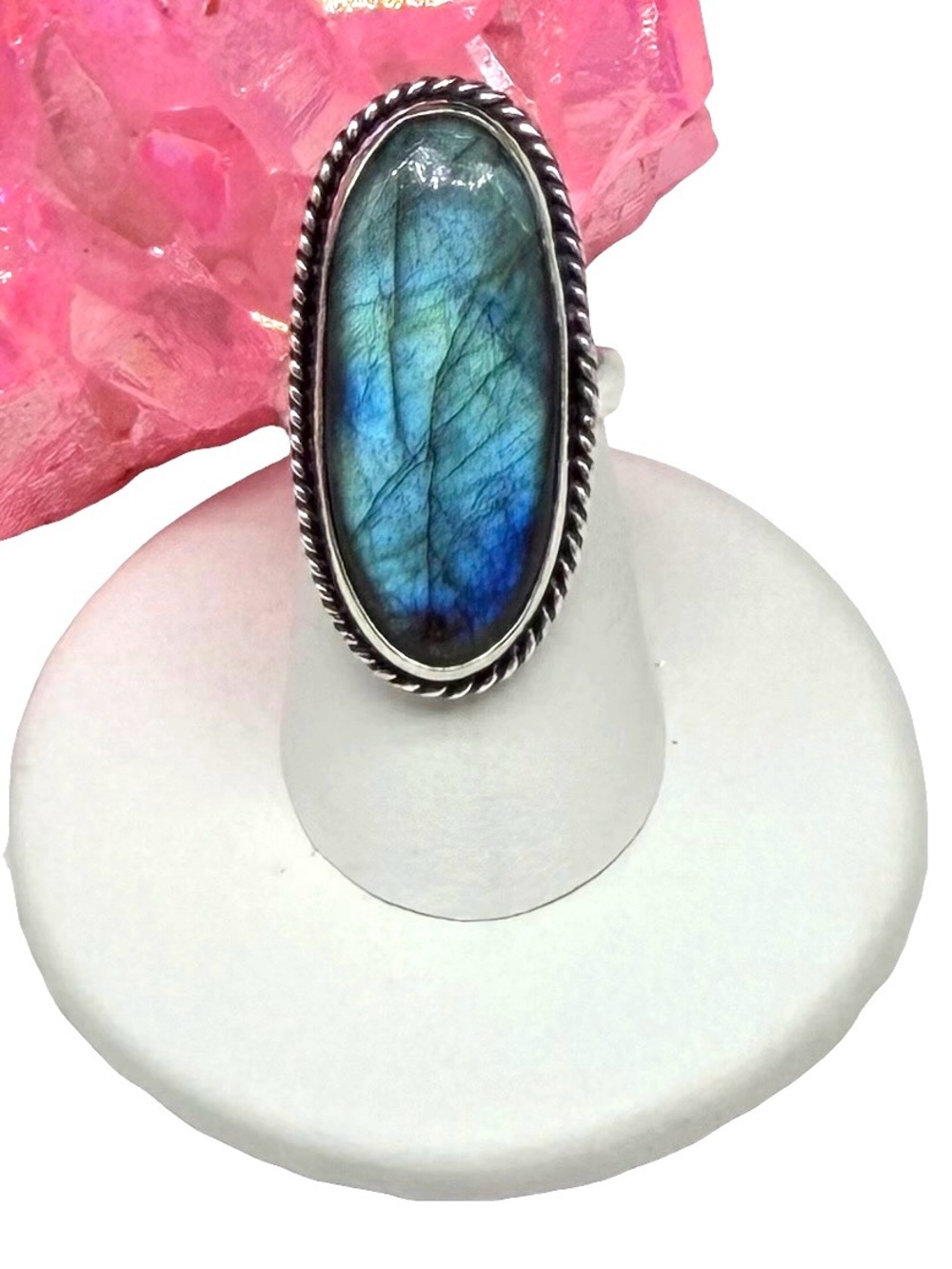 Blue Fire Flash Labradorite Ring Size 6.5 925 Sterling Silver Overlay